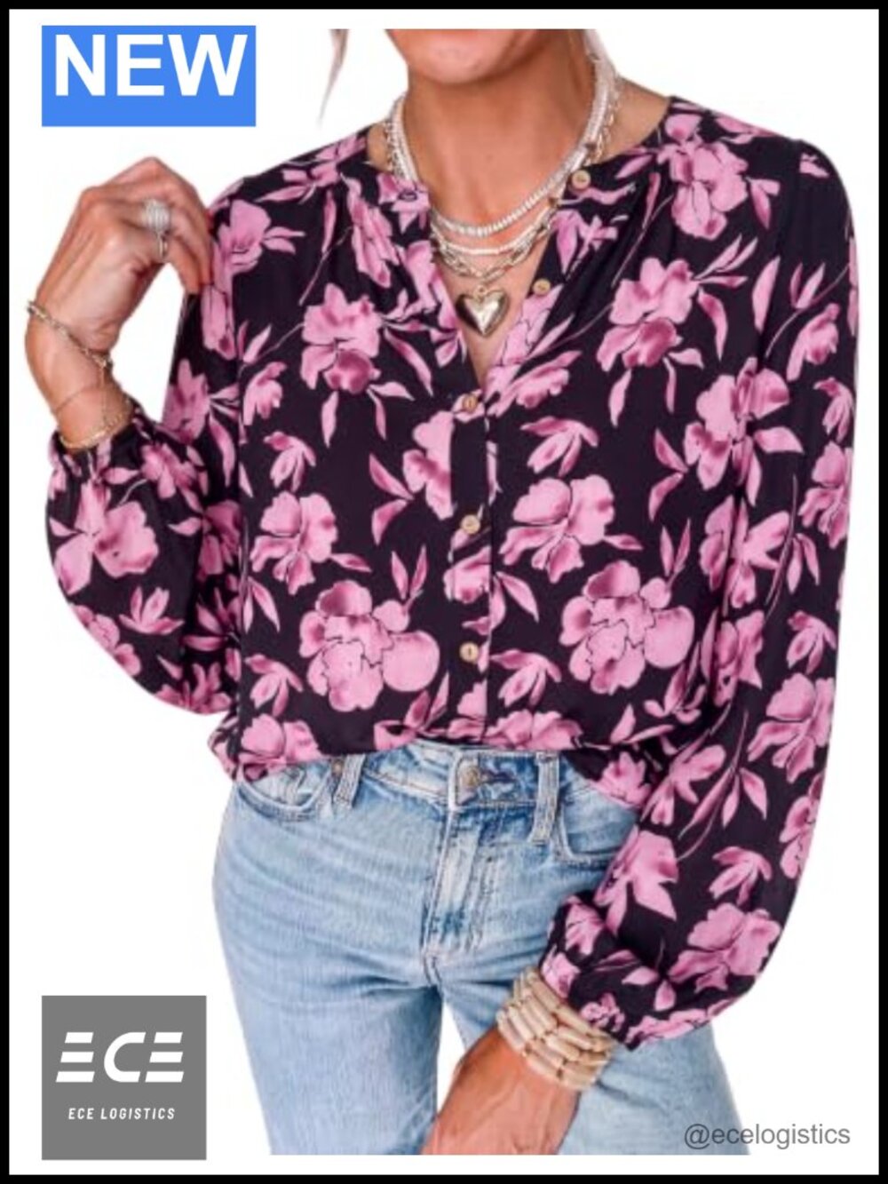 Womens Boho Floral Button Down Blouse Long Lantern Sleeve Loose Fit Top
